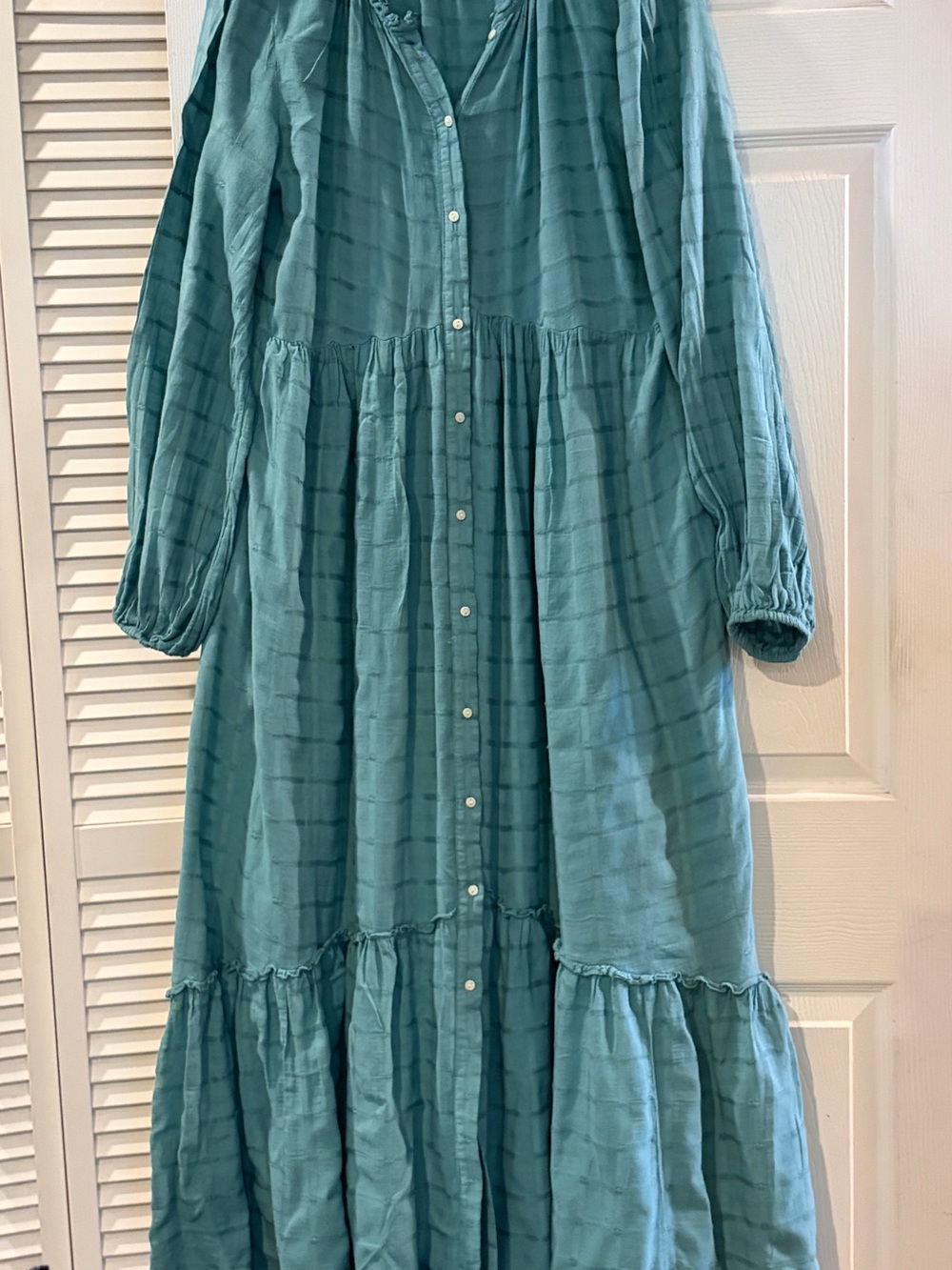 Free People Edie Maxi Dress M Turquoise Teal Plaid Tiered Button Front Duster - Picture 3 of 12